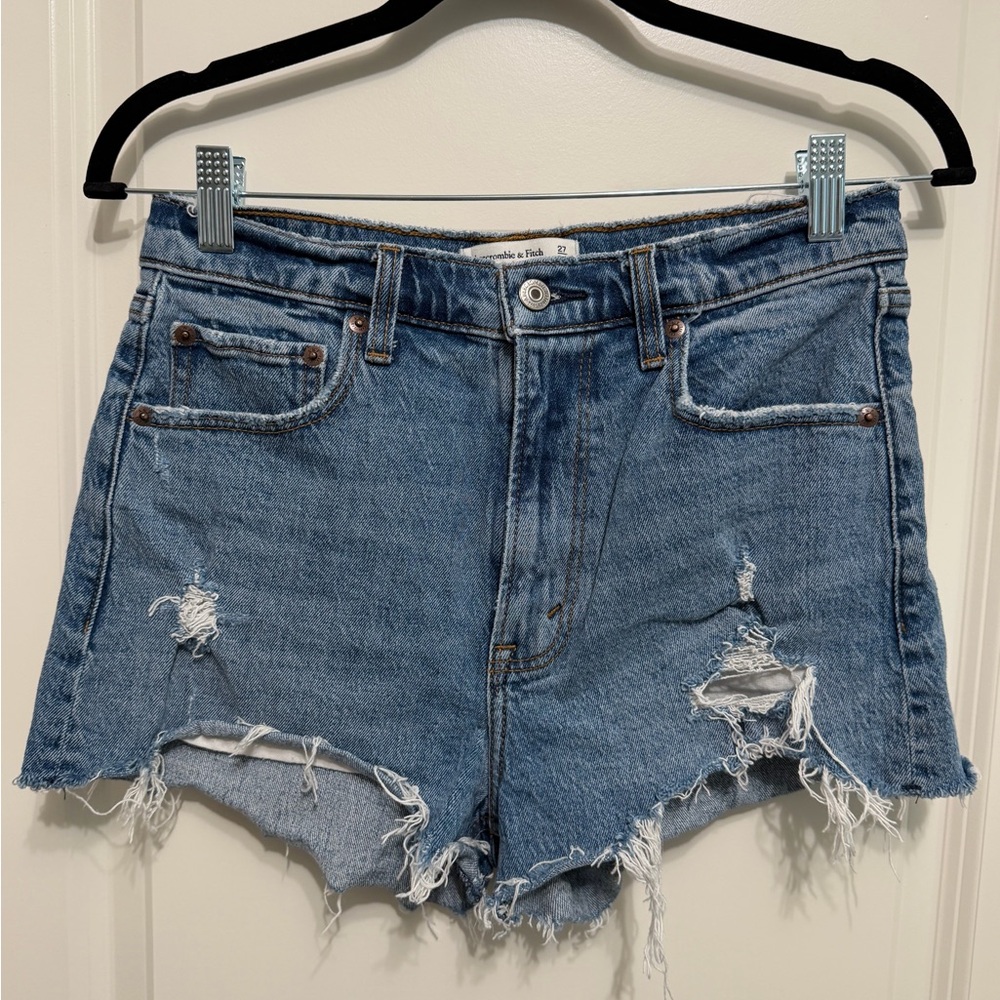 Abercrombie & Fitch The Mom Short High Rise Distressed Light Blue Denim Shorts